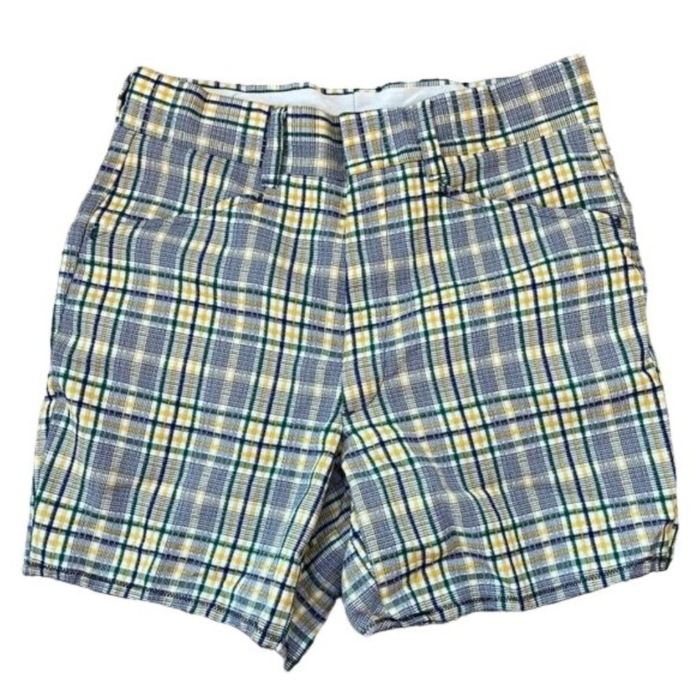 Vintage Plaid Shorts Farah Green Yellow White USA Made size 30 inch waist